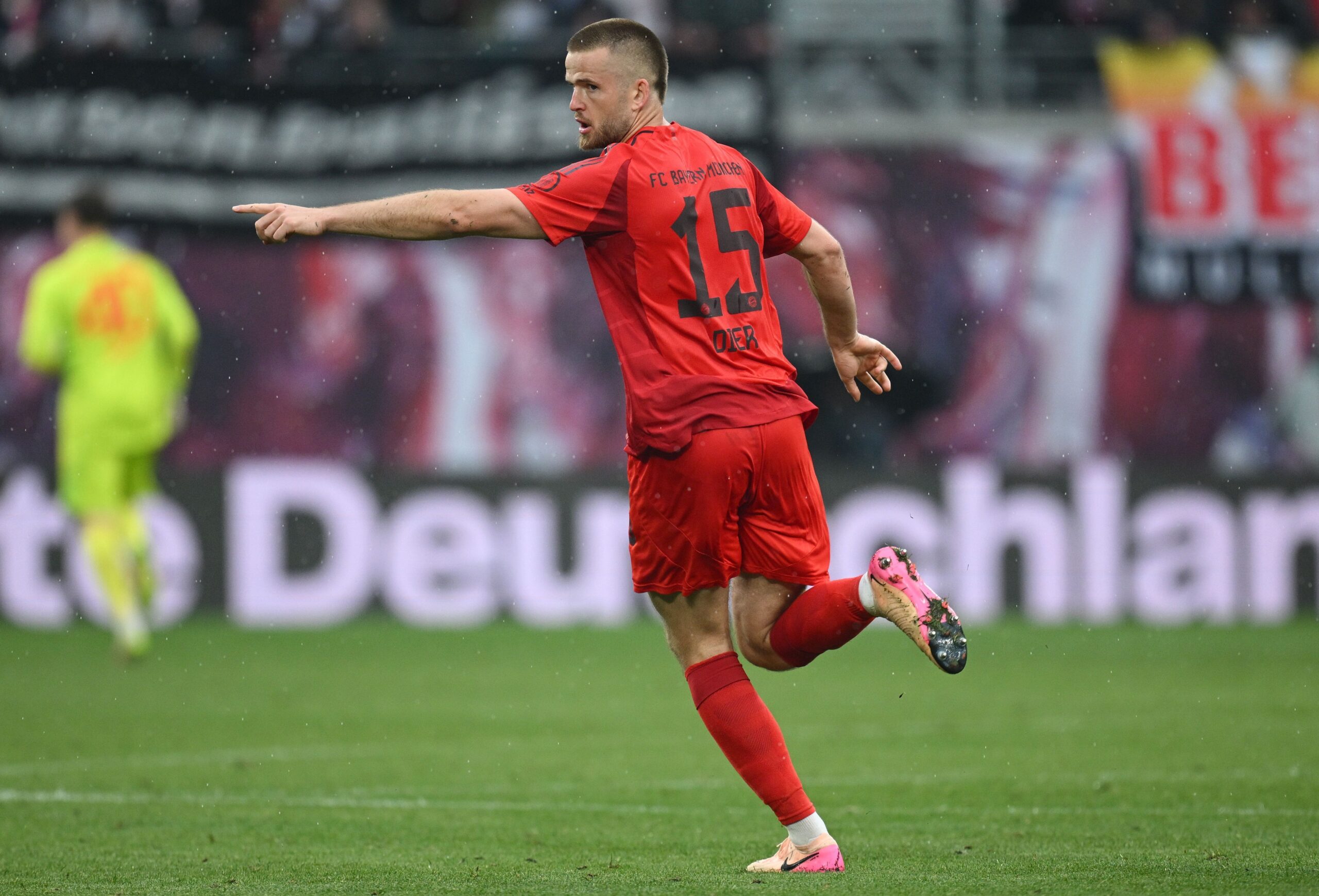 Eric Dier celebrates after scoring for Bayern Munich against RB Leipzig in the Bundesliga in May 2025.