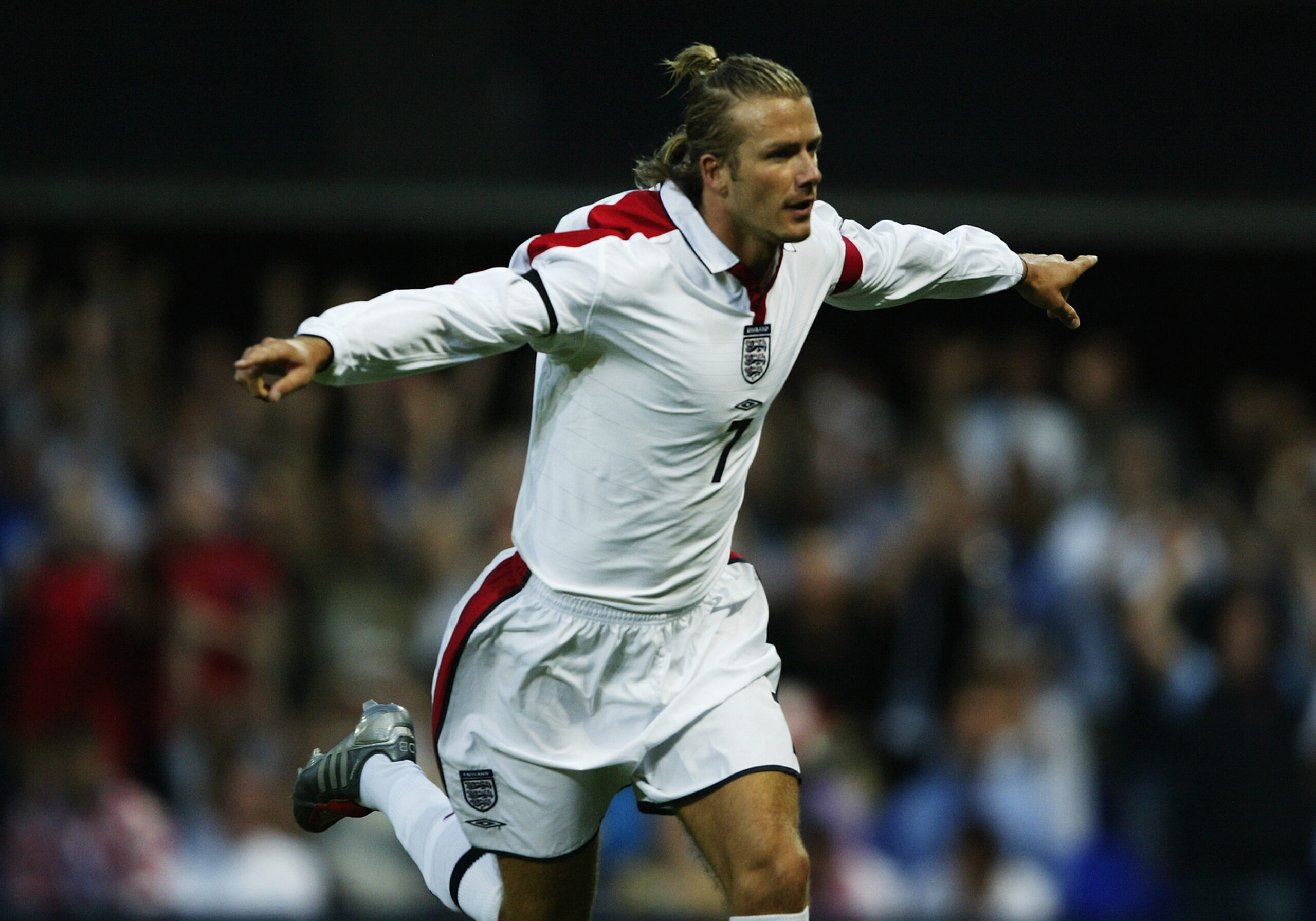 David Beckham celebrates after scoring a penalty for England against Croatia in a friendly in August 2003.