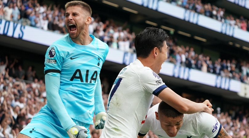 Guglielmo Vicario celebrates Tottenham's second goal against Sheffield United in September 2023.