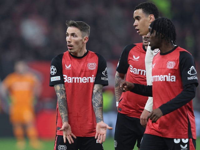 Bayer Leverkusen's Alejandro Grimaldo reacts on March 11, 2025
