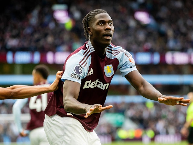 Aston Villa's Amadou Onana celebrates on April 19, 2025
