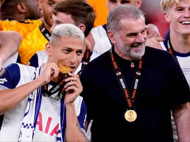 Tottenham Hotspur's Richarlison and Ange Postecoglou pictured on May 21, 2025