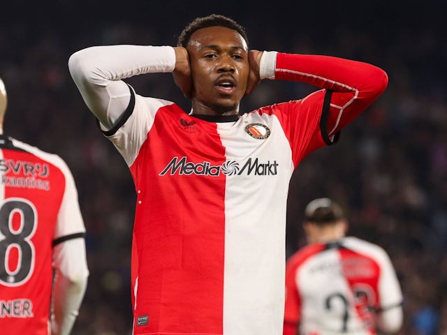 Feyenoord's Antoni Milambo celebrates after scoring on April 25, 2025