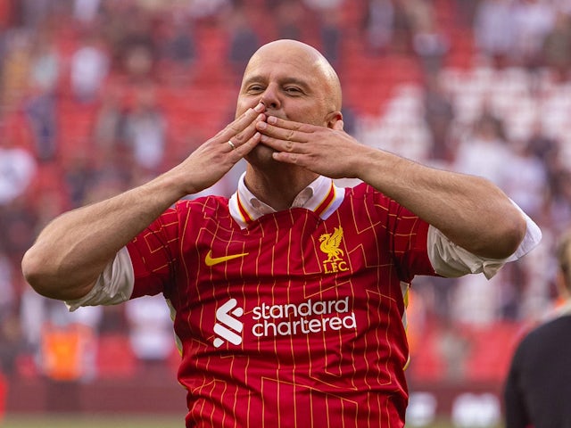 Liverpool manager Arne Slot celebrates securing the Premier League title on April 27, 2025