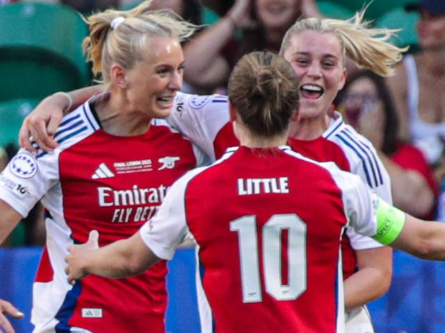 Arsenal Women's Stina Blackstenius, Alessia Russo and Kim Little celebrate on May 24, 2025