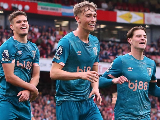 Bournemouth's Dean Huijsen, Milos Kerkez and Alex Scott celebrate on May 3, 2025