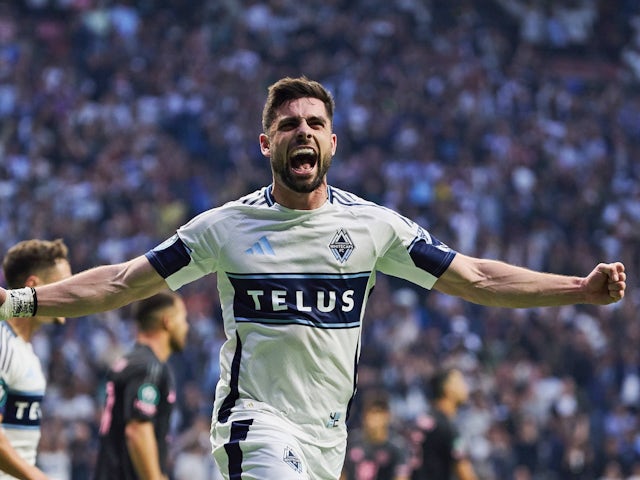 Brian White celebrates a goal for the Vancouver Whitecaps on April 24, 2025