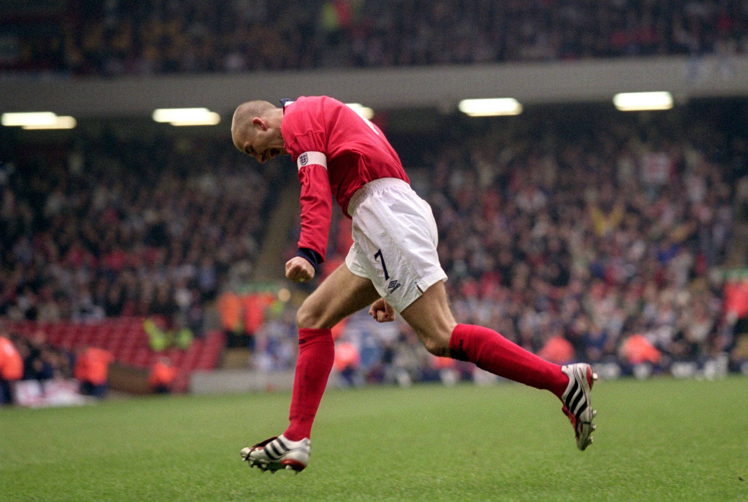 David Beckham celebrates after scoring the winner for England in a 2-1 victory against Finland in World Cup qualifying at Anfield in March 2001.