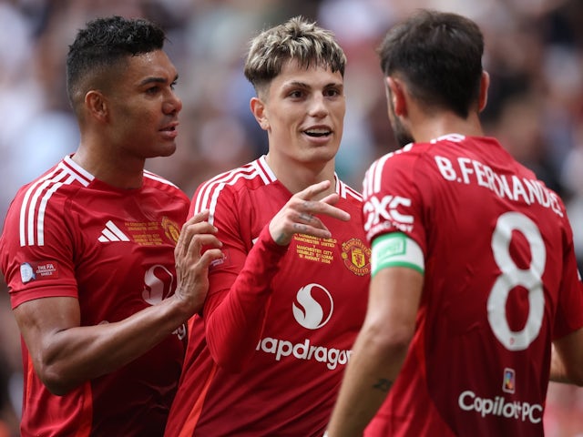 Manchester United trio Casemiro, Alejandro Garnacho, Bruno Fernandes on August 10, 2024