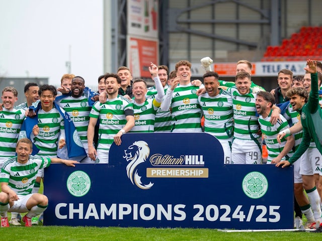Celtic players celebrate winning the Scottish Premiership title on April 26, 2025