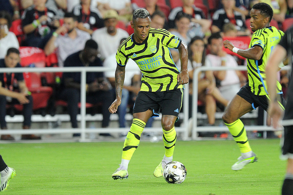 Marquinhos #27 of Arsenal F.C.moves the ball during a game between Arsenal and Major League Soccer at Audi Field on July 19, 2023 in Washington, DC. (Photo by Jose L Argueta/ISI Photos/Getty Images