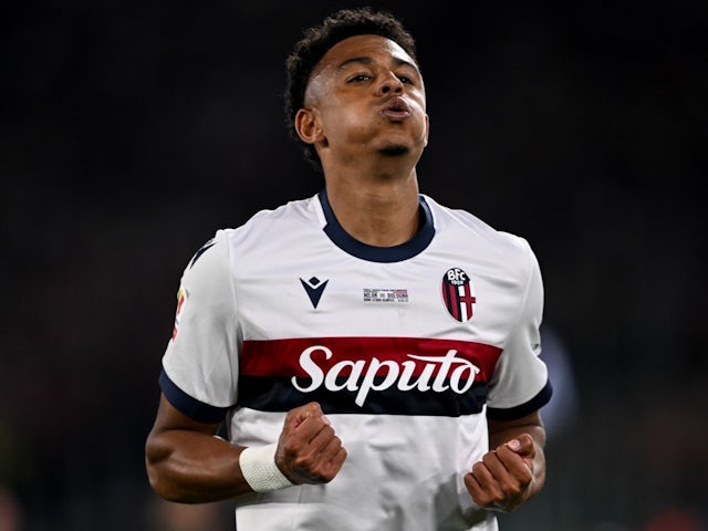 Dan Ndoye celebrates after scoring for Bologna on May 14, 2025