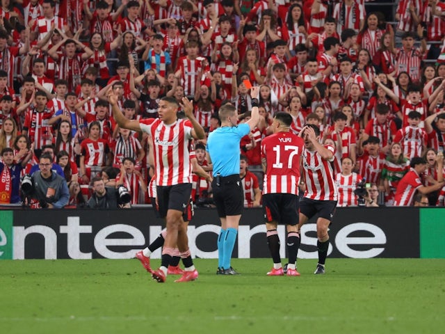 Daniel Vivian of Athletic Bilbao is sent off against Manchester United, on May 1, 2025