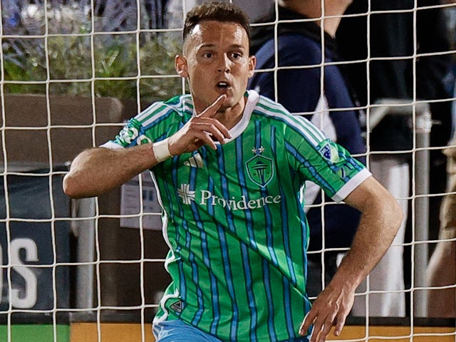 Danny Musovski celebrates scoring for Seattle Sounders on April 26, 2025