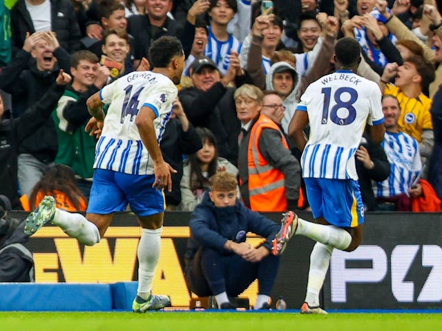 Danny Welbeck celebrates after scoring for Brighton & Hove Albion on October 26, 2024