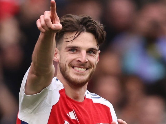 Arsenal's Declan Rice celebrates scoring on May 3, 2025