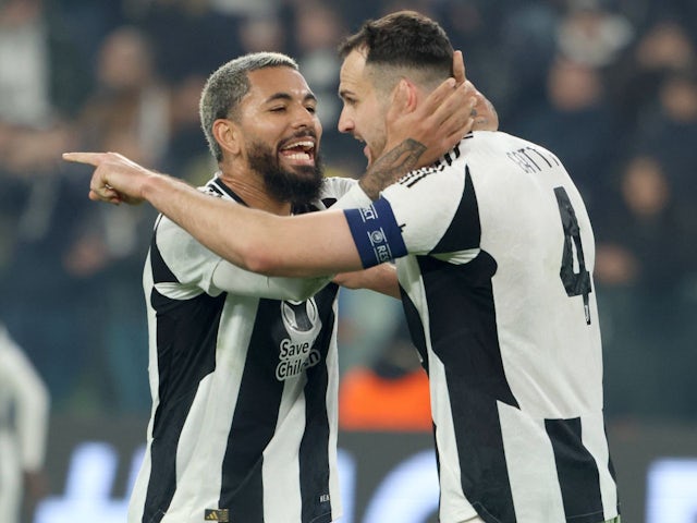 Juventus' Douglas Luiz with Federico Gatti on February 11, 2025
