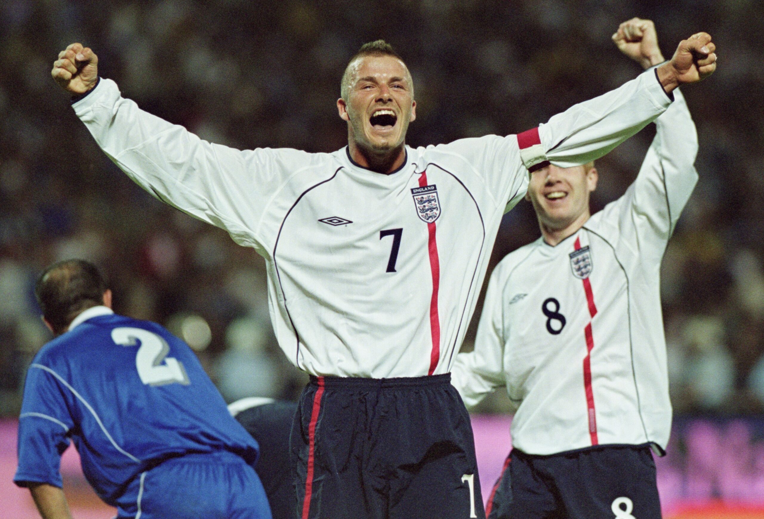 David Beckham celebrates after scoring a free-kick for England against Greece in World Cup qualifying in June 2001.