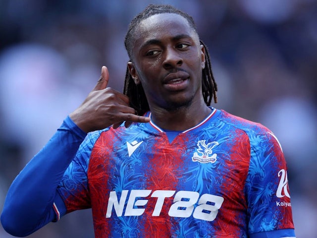 Eberechi Eze of Crystal Palace celebrates scoring his side's first goal against Tottenham Hotspur, on May 11, 2025