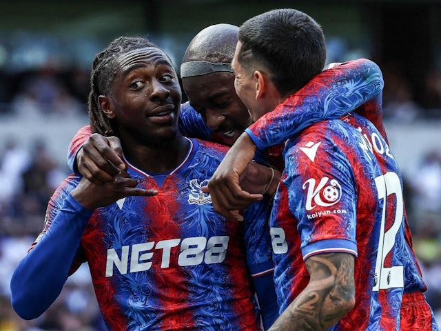 Eberechi Eze of Crystal Palace celebrates with teammates after scoring against Tottenham Hotspur, on May 11, 2025