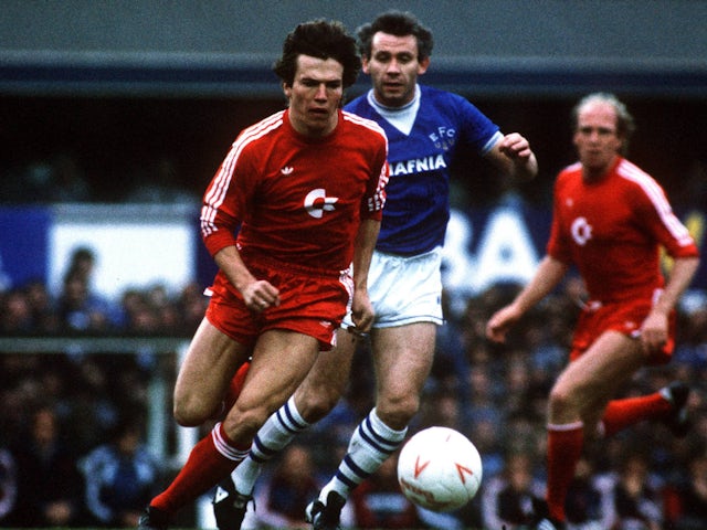 Bayern Munich's Lothar Matthaus and Everton's Peter Reid during the 1985 Cup Winners' Cup semi-final second leg