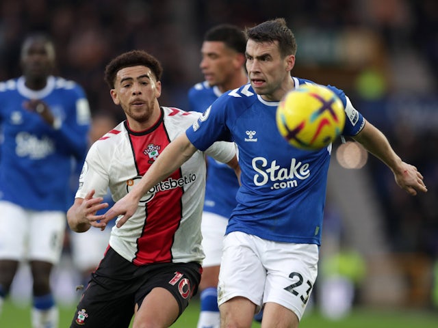 Everton's Seamus Coleman and Southampton's Che Adams in action on January 14, 2023