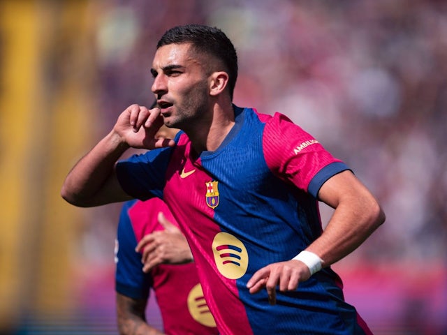 Ferran Torres of Barcelona celebrates scoring against Celta Vigo, on April 19, 2025