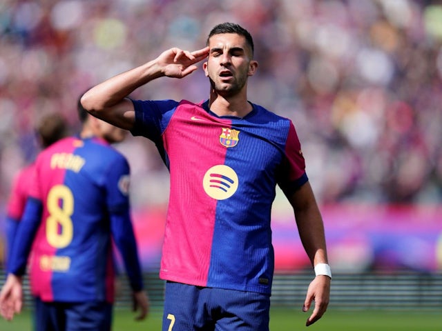 Ferran Torres of Barcelona celebrates scoring in his side's La Liga game against Celta Vigo, on April 19, 2025