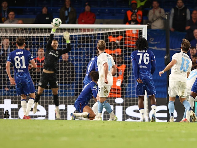 Chelsea's Filip Jorgensen makes a save on May 8, 2025