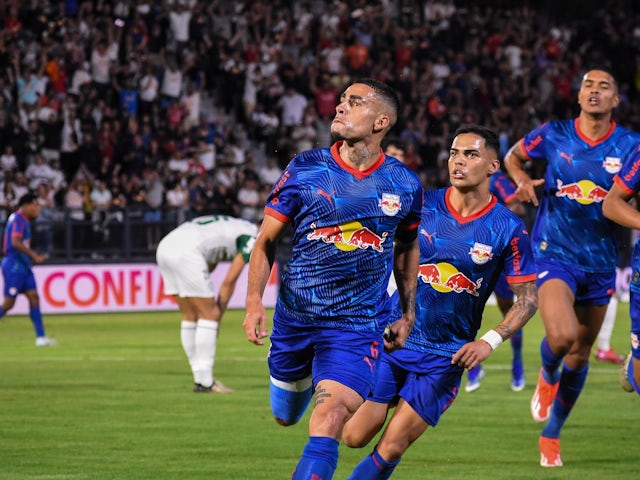 Gabriel celebrates a goal for Bragantino on May 18, 2025