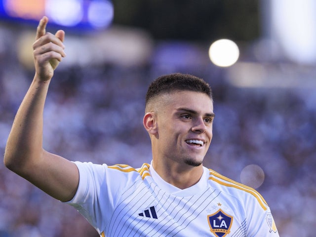 Gabriel Pec celebrates a goal for the Los Angeles Galaxy on November 24, 2024