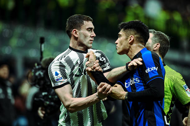 Inter Milan vs. Juventus fiercest football rivalries in history MILAN, ITALY - MARCH 19: Dusan Vlahovic of Juventus scuffle with Joaquin Correa of FC Internazionale during the Italian Serie A football match FC Internazionale vs Juventus at San Siro Stadium in Milan, Italy on March 19, 2023.