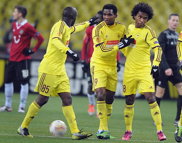 Football Clubs That No Longer Exist Anji's midfielders, Lassana Diarra (L) and Willian (R), congratulate Anji's forward Samuel Eto'o (C) after he scored a goal against Hannover in Moscow on February 14, 2013 during their UEFA Europa League round of 32 match.