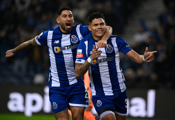 Portugal Primera division best soccer leagues in the world FC Porto's Brazilian forward #30 Evanilson Barbosa (R) celebrates scoring his team's second goal with FC Porto's Argentine midfielder #22 Alan Varela during the Portuguese League football match between FC Porto and SC Braga at the Dragao stadium in Porto, on January 14, 2024. (Photo by MIGUEL RIOPA / AFP)