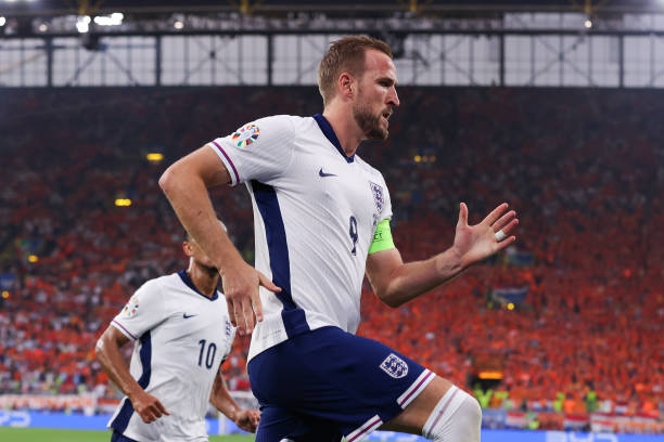England soccer teams sponsored by nike Dortmund, GERMANY - JULY 10: Harry Kane of England celebrates after scoring his side's first goal from the penalty spot during the UEFA EURO 2024 semi-final match between Netherlands and England at Football Stadium Dortmund on July 10, 2024 in Dortmund, Germany.