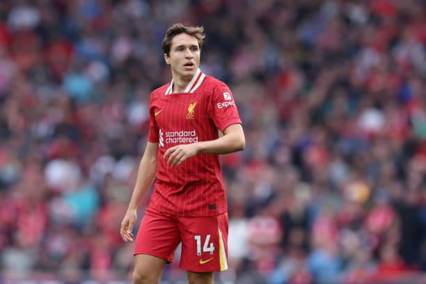 LIVERPOOL, ENGLAND - SEPTEMBER 21: Federico Chiesa of Liverpool looks on during the Premier League match between Liverpool FC and AFC Bournemouth at Anfield on September 21, 2024 in Liverpool, England. Footballers who wear number 14