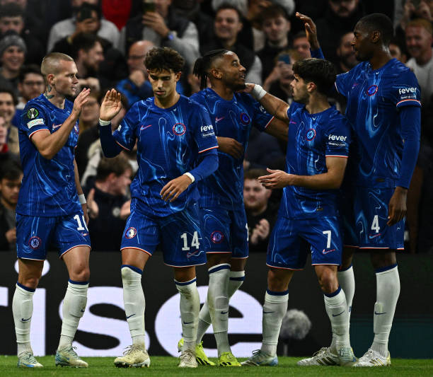 LONDON, ENGLAND - OCTOBER 3: Christopher Nkunku (C) of Chelsea celebrate with Mykhailo Mudryk (L), Joao Felix(2nd L), Pedro Neto (2nd R), Tosin Adarabioyo (R) after scoring the third goal of their team during the UEFA Conference League 2024/25 League Phase MD1 match between Chelsea FC and KAA Gent at Stamford Bridge on October 3, 2024 in London, England. Best soccer teams in London