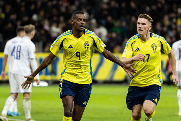 SOLNA, SWEDEN - NOVEMBER 16: Alexander Isak of Sweden celebrates with Viktor Gyokeres after scoring his team's second goal (2-1) during the UEFA Nations League 2024/25 League C Group C1 match between Sweden and Slovakia at Strawberry Arena on November 16, 2024 in Solna, Sweden.