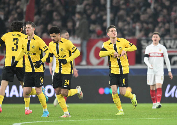 Young Boys' Polish midfielder #08 Lukasz Lakomy (2nd R) celebrates his 0-1 during the UEFA Champions League football match between VfB Stuttgart and BSC Young Boys in Stuttgart, southwestern Germany, on December 11, 2024. (Photo by THOMAS KIENZLE / AFP)