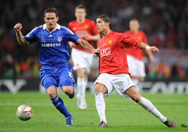 Manchester United vs. Chelsea (2008) best Champions League finals Chelsea's Frank Lampard and Manchester United's Cristiano Ronaldo battle for the ball.