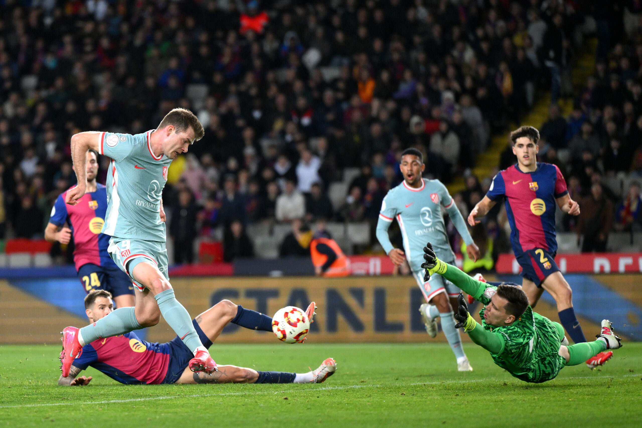 Alexander Sorloth scores a late equaliser for Atletico Madrid against Barcelona in the Copa del Rey in February 2025.