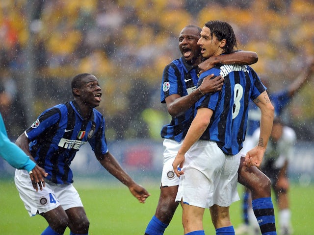 Inter Milan's Zlatan Ibrahimovic celebrates with Patrick Vieira and Mario Balotelli on the final day of the 2007-08 season