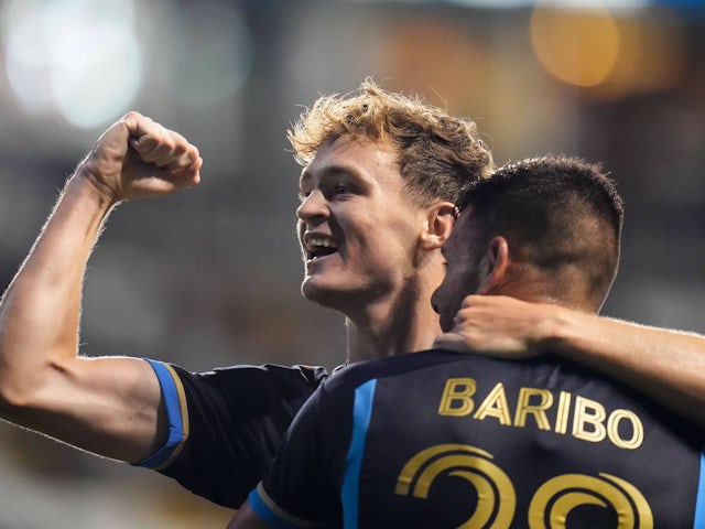 Jack McGlynn and Tai Baribo celebrate a goal scored by the Philadelphia Union on August 9, 2024