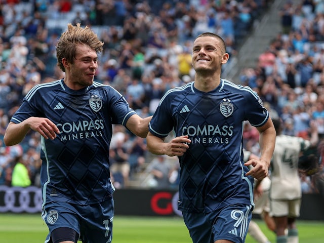 Jake Davis and Dejan Joveljic of Sporting Kansas City pictured on April 13, 2025