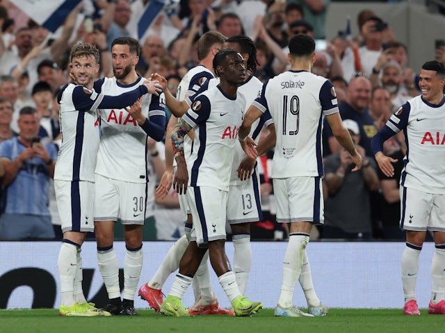 James Maddison celebrates after scoring for Tottenham Hotspur on May 1, 2025