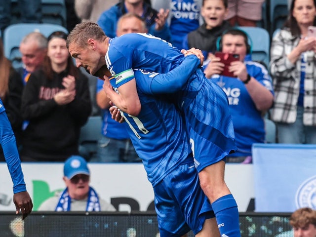 Jamie Vardy celebrates making it 1-0 to Leicester City on May 3, 2025