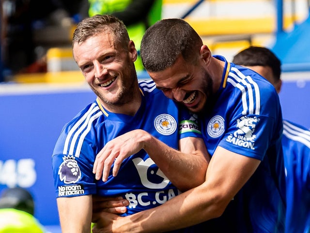 Jamie Vardy and Conor Coady celebrate Leicester City's opener on May 18, 2025