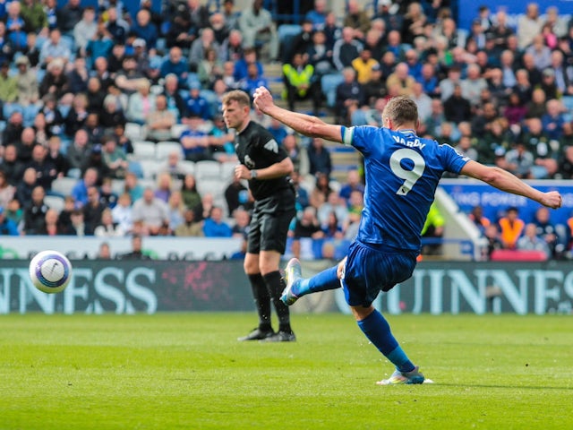 Leicester City's Jamie Vardy shoots on May 3, 2025