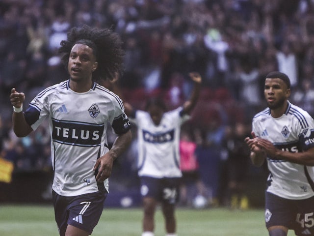 Jayden Nelson celebrates a goal for the Vancouver Whitecaps on May 3, 2025