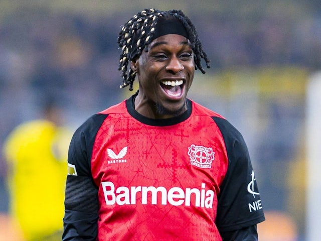 Bayer Leverkusen's Jeremie Frimpong celebrates on January 10, 2025